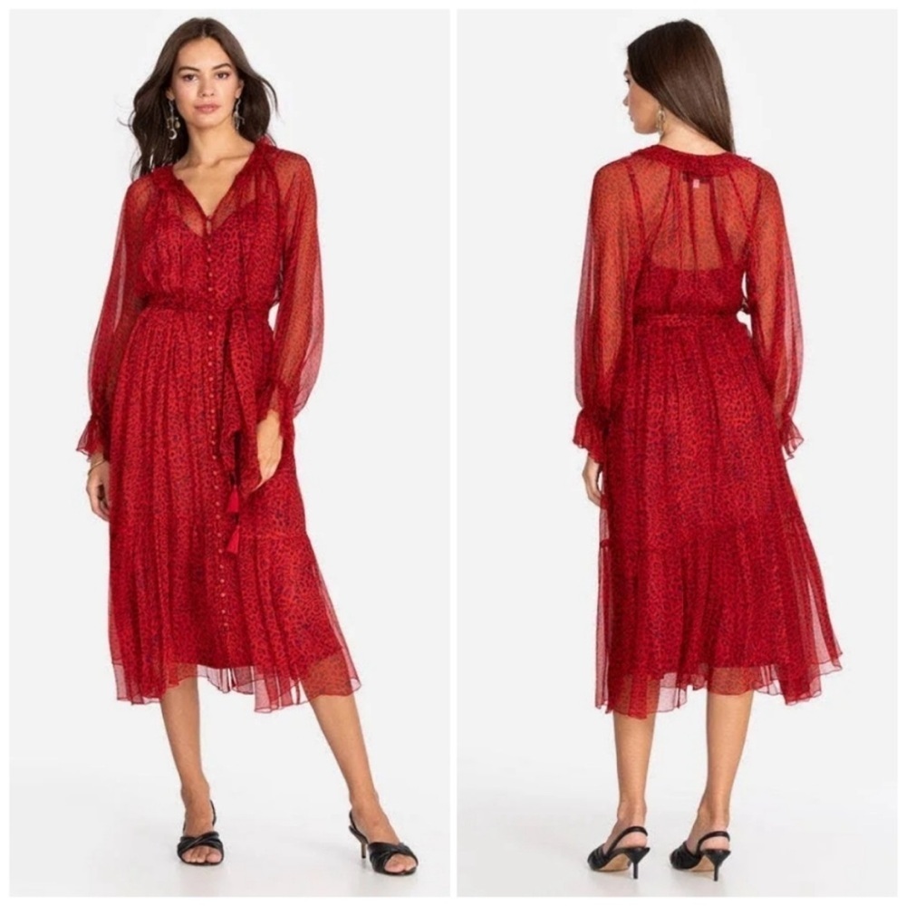 Johnny Was Aretha silk black & red leopard animal print midi dress small